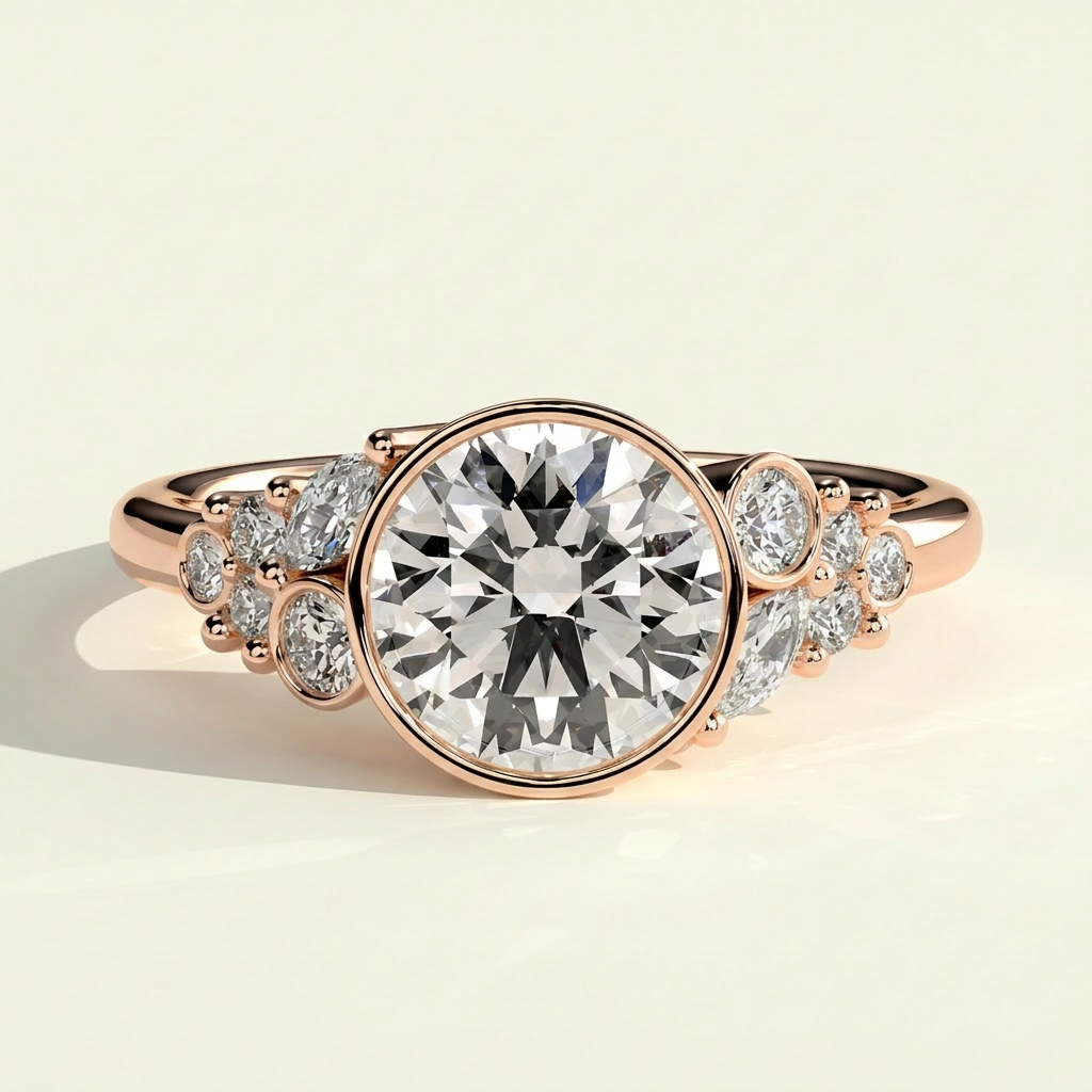 The Svea - Bezel Set Round Lab Grown Diamond Ring with Clustered Accents