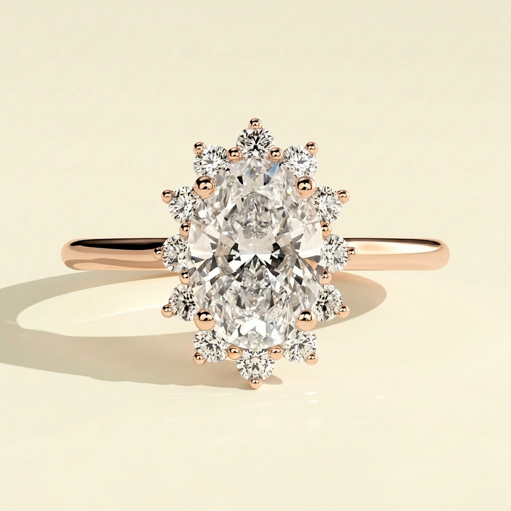 The Keila - Oval Cut Lab Grown Diamond Solitaire with Sunburst Halo Ring