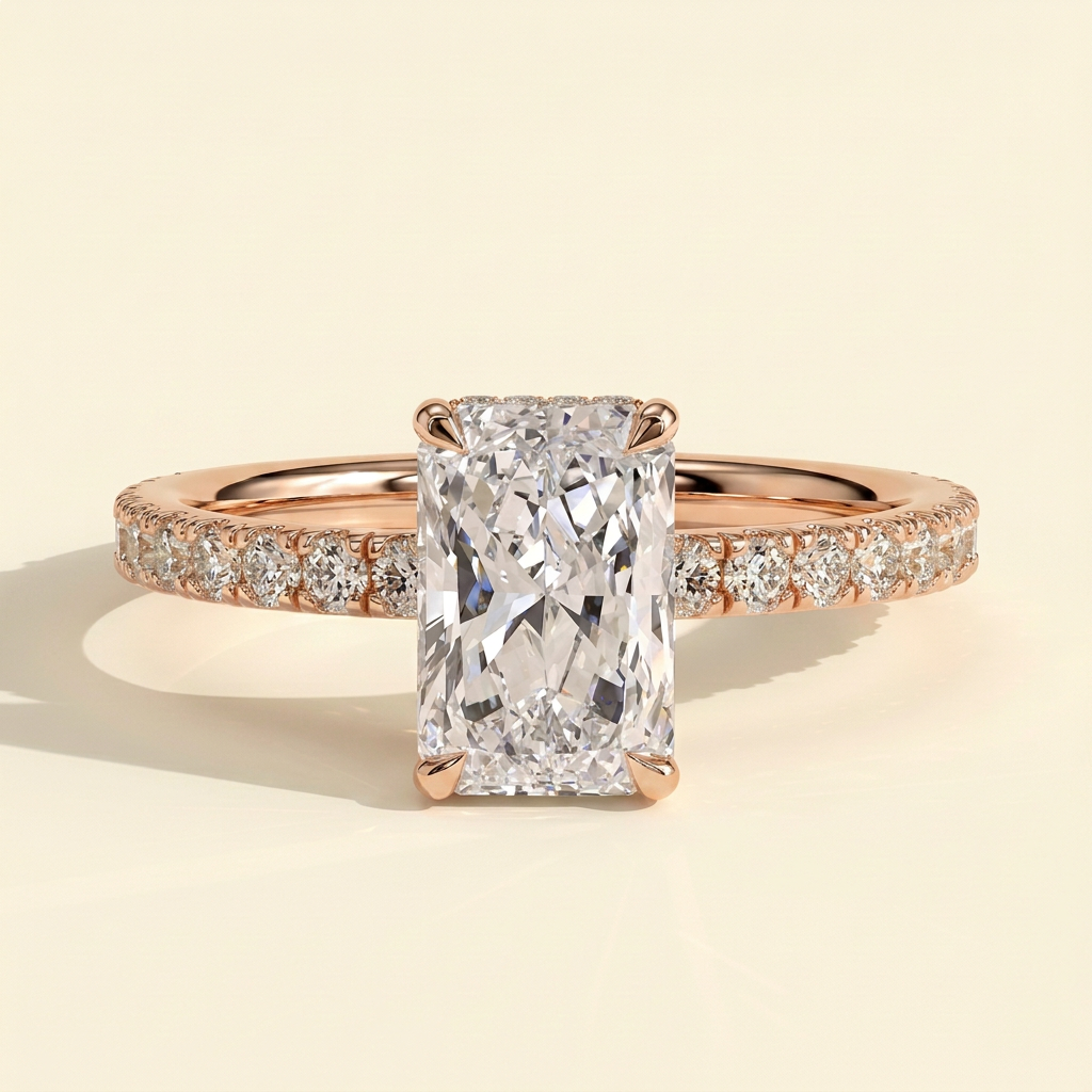 The Elenia - Radiant Cut Lab Grown Diamond Four Claw Solitaire with Hidden Halo and Pave Band Engagement Ring