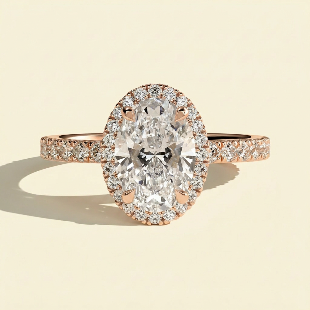 The Alora - Vintage Oval Lab Grown Diamond Halo Engagement Ring, Pave Band