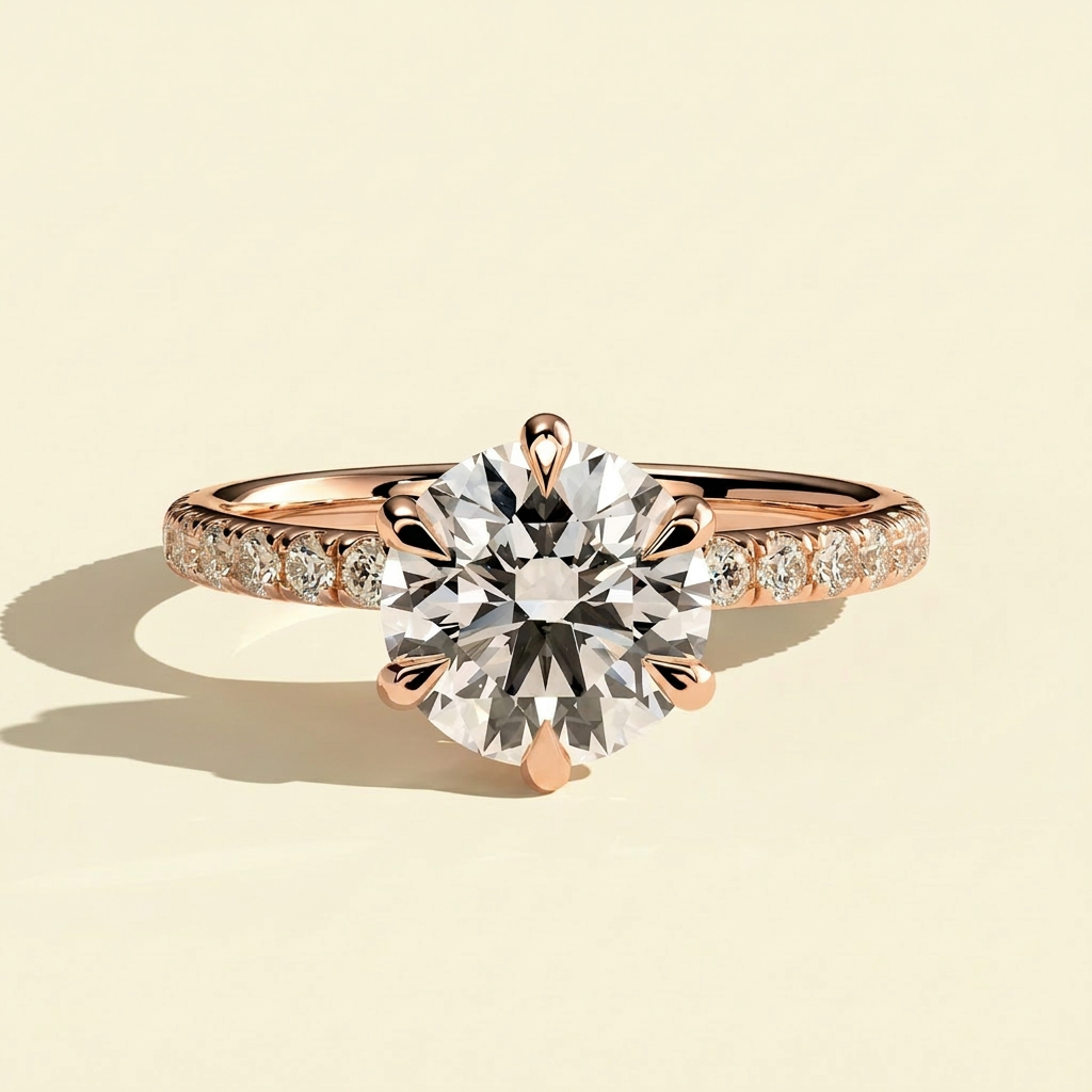 The Jaia - Six Claw Round Lab Grown Diamond Engagement Ring with Pave Band