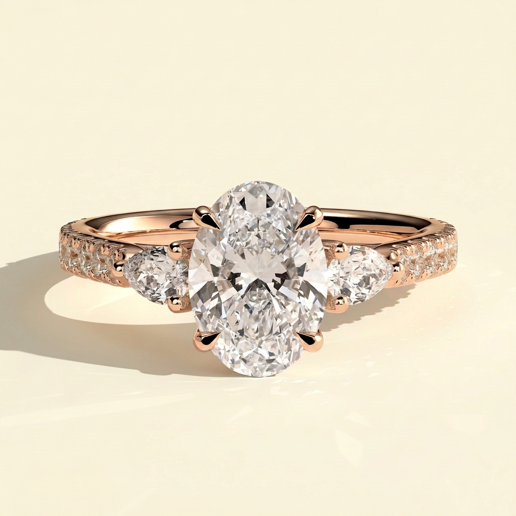 The Senara - Oval Cut Lab Grown Diamond Three Stone Ring with Pave Set Band