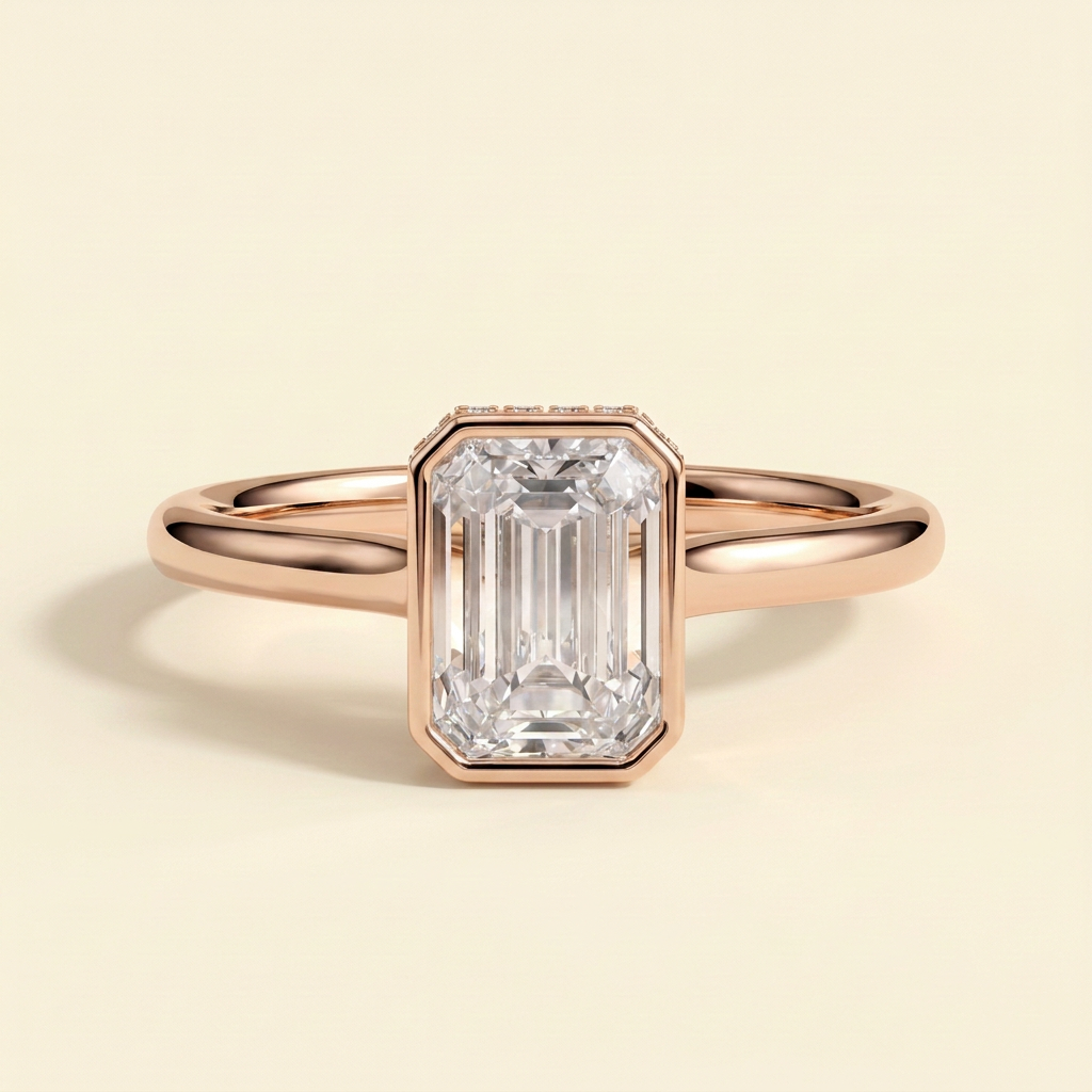 The Eviana - Emerald Cut Lab Grown Diamond Deep Bezel Solitaire with Hidden Halo and Cathedral High Setting Engagement Ring