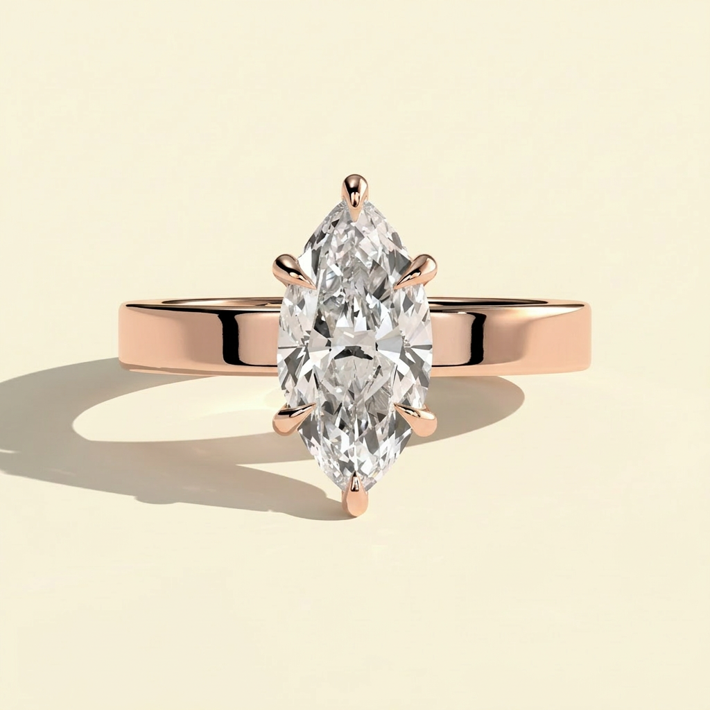The Adamas - Marquise Lab Grown Diamond Ring with Cigar Band & Hidden Halo