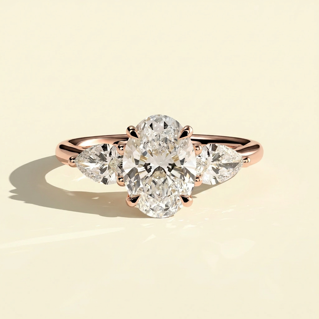 The Ayla - Oval Cut Lab Grown Diamond Three Stone Ring with Pear Side Stones