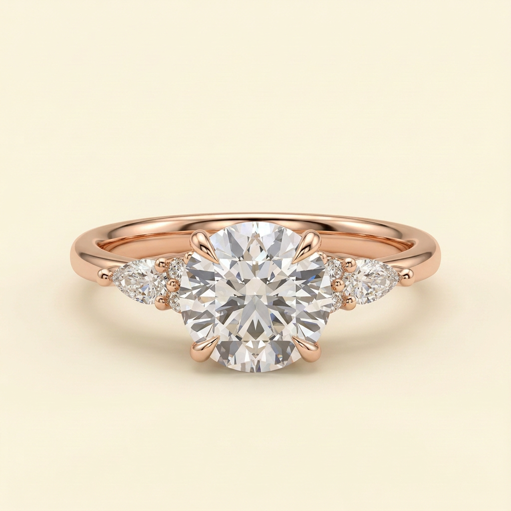 The Clea - Round Cut Lab Grown Diamond Three Stone with Pear Shoulder Stones and Tulip Gallery Engagement Ring