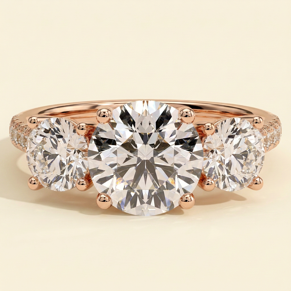 The Azure - Round Cut Lab Grown Diamond Three Stone with Round Side Stones and Pave Band Ring