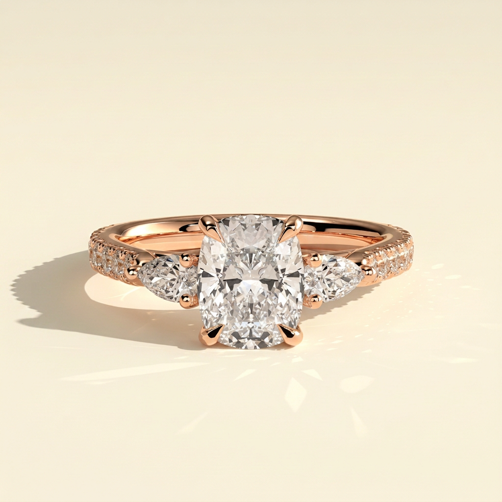 The Lyra - Elongated Cushion Cut Lab Grown Diamond Three Stone with Pave Band Engagement Ring