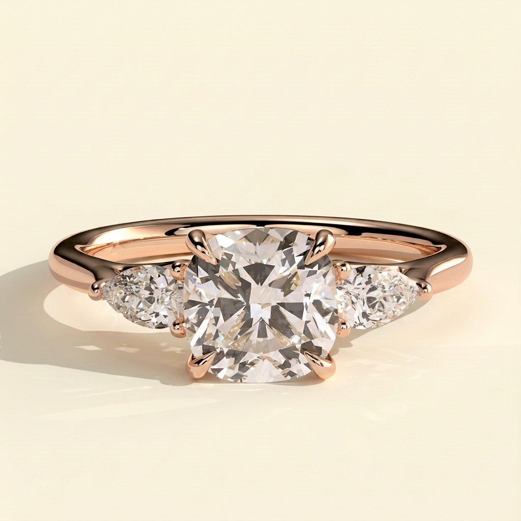 The Leonie - Cushion Cut Lab Grown Diamond Three Stone Engagement Ring with Woven Trellis Setting