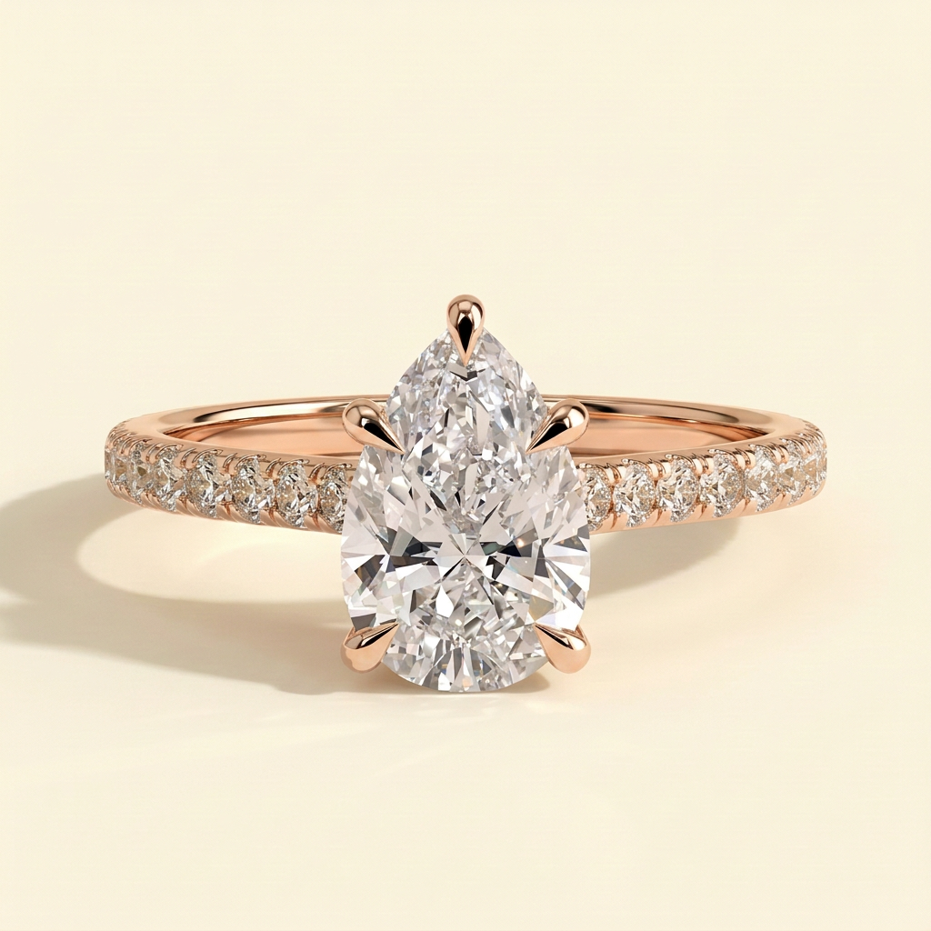 The Margaux - Pear Cut Lab Grown Diamond Five Claw Cathedral Solitaire with Pave Band Engagement Ring