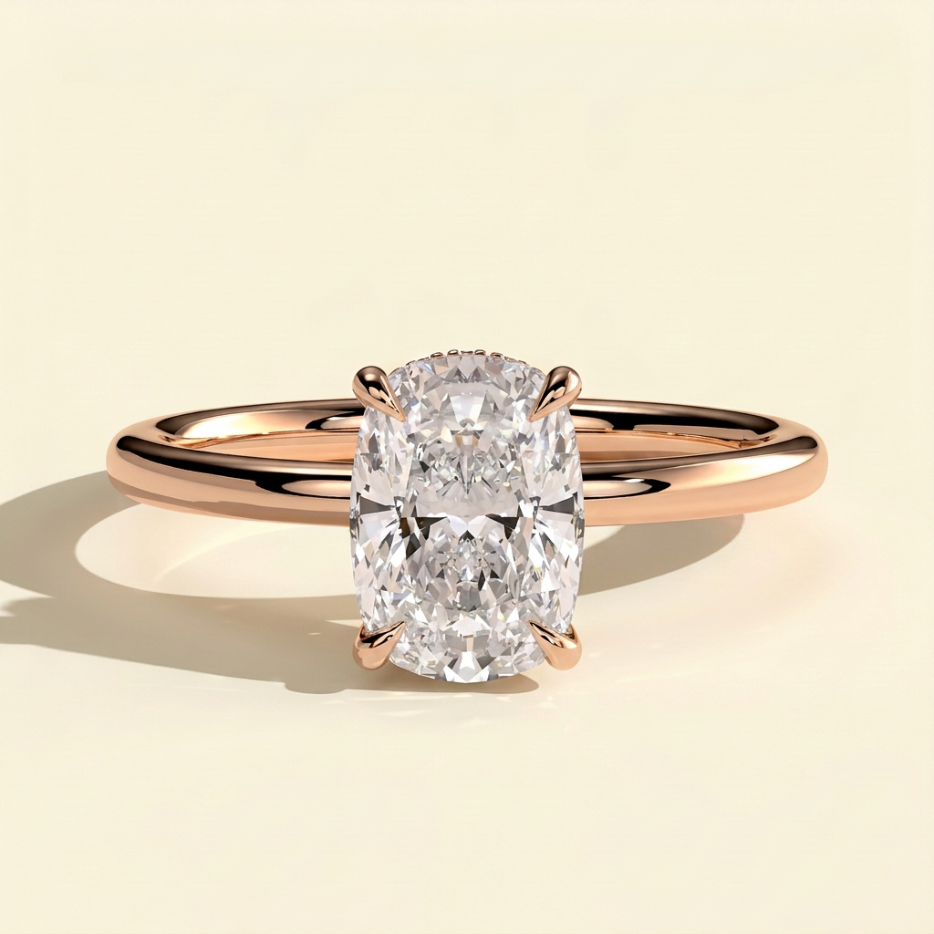 The Neve - Elongated Cushion Cut Lab Grown Diamond Solitaire with Wrap Around Hidden Halo Engagement Ring