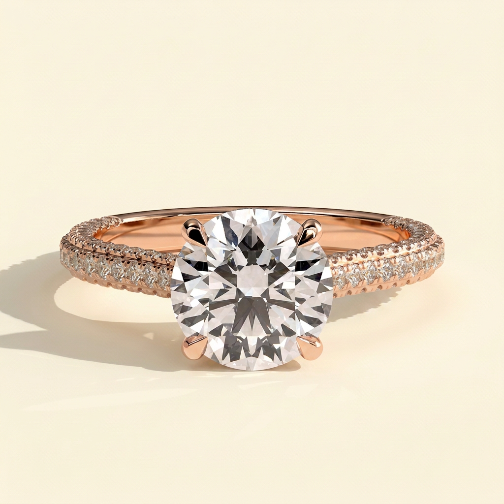 The Perla - Round Cut Lab Grown Diamond Solitaire with Hidden Halo and Cathedral Setting Ring