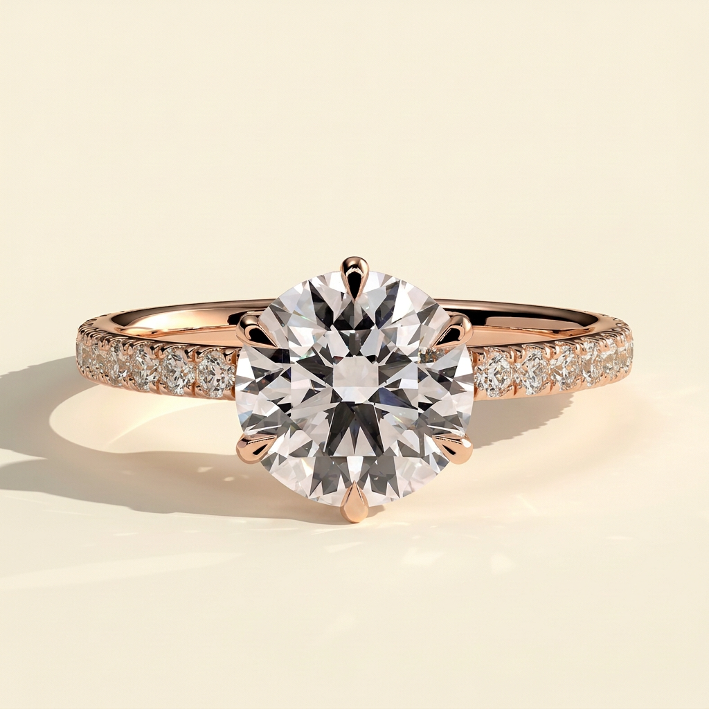 The Jolie - Round Cut Lab Grown Diamond Six Claw Solitaire with Crown Gallery and Pave Band Engagement Ring