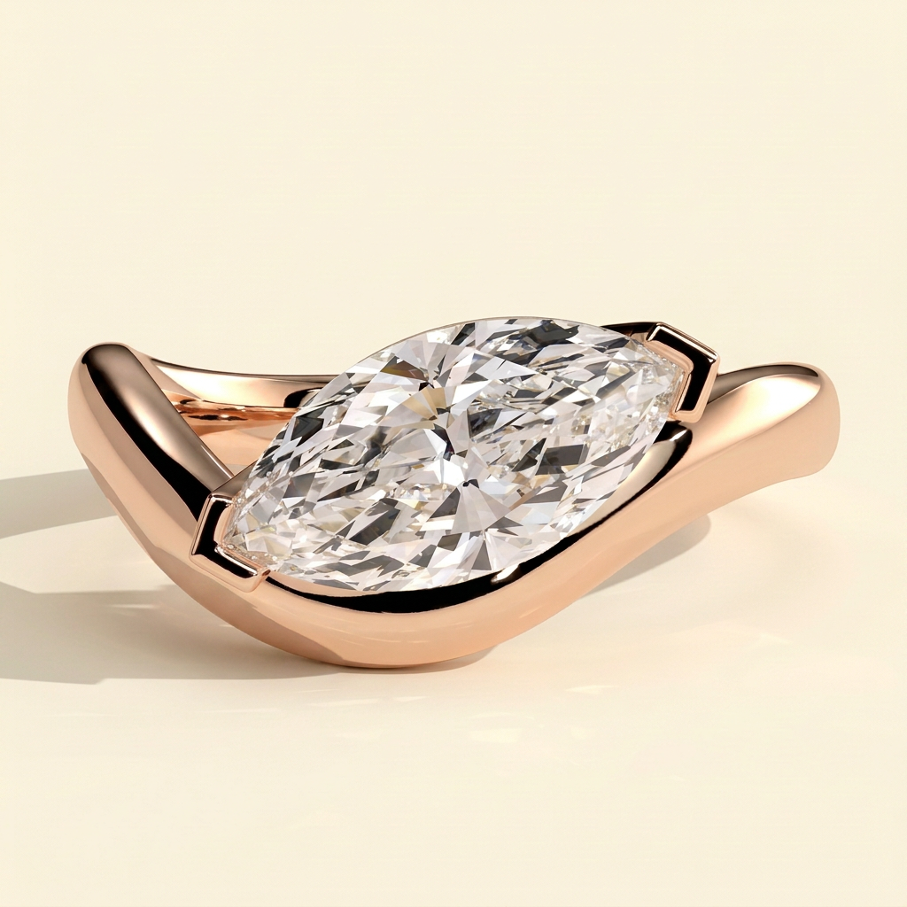 The Dalia - East West Marquise Cut Lab Grown Diamond V Claw Solitaire with Curved Wave Band Engagement Ring