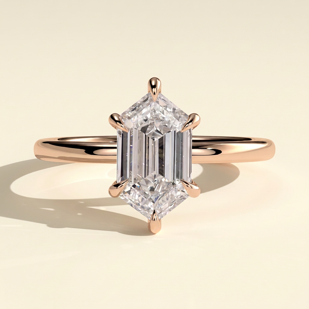 The Evina - Elongated Hexagon Cut Lab Grown Diamond Solitaire with Hidden Halo Engagement Ring
