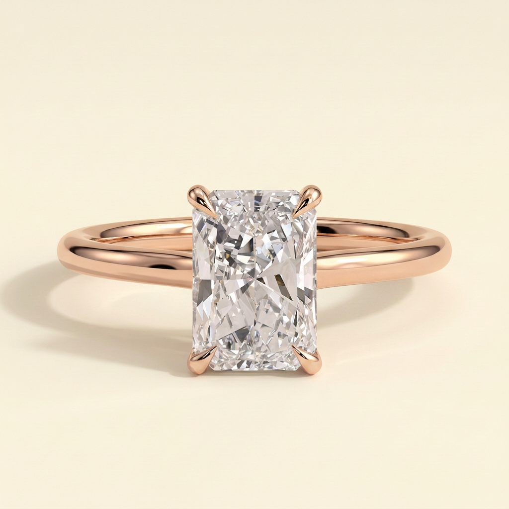 The Izar - Radiant Cut Lab Grown Diamond Four Claw Solitaire with Hidden Halo and Cathedral High Setting Engagement Ring