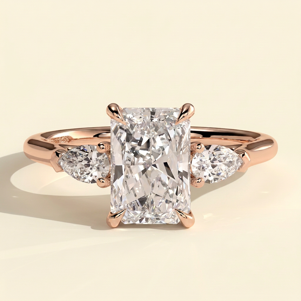 The Mirabel - Radiant Cut Lab Grown Diamond Three Stone Engagement Ring with Pear Side Stones