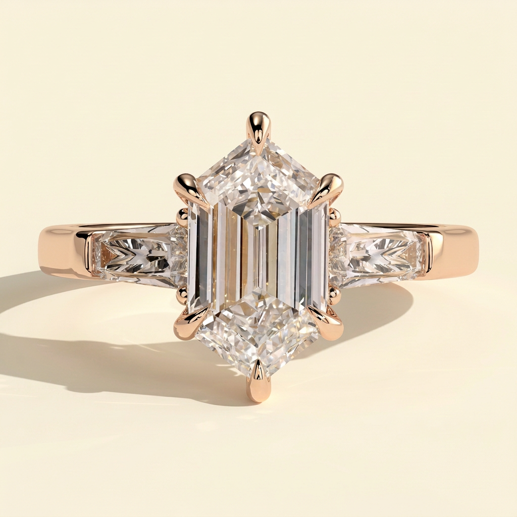 The Solara - Elongated Hexagon Cut Lab Grown Diamond Three Stone with Tapered Baguette Side Stones and Cathedral Setting Engagement Ring
