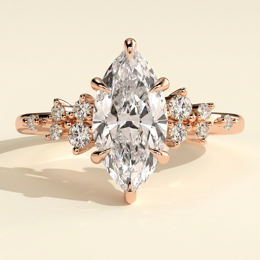 The Nova - Marquise Cut Lab Grown Diamond Basket Set Solitaire with Clustered Round Shoulder Stones Engagement Ring