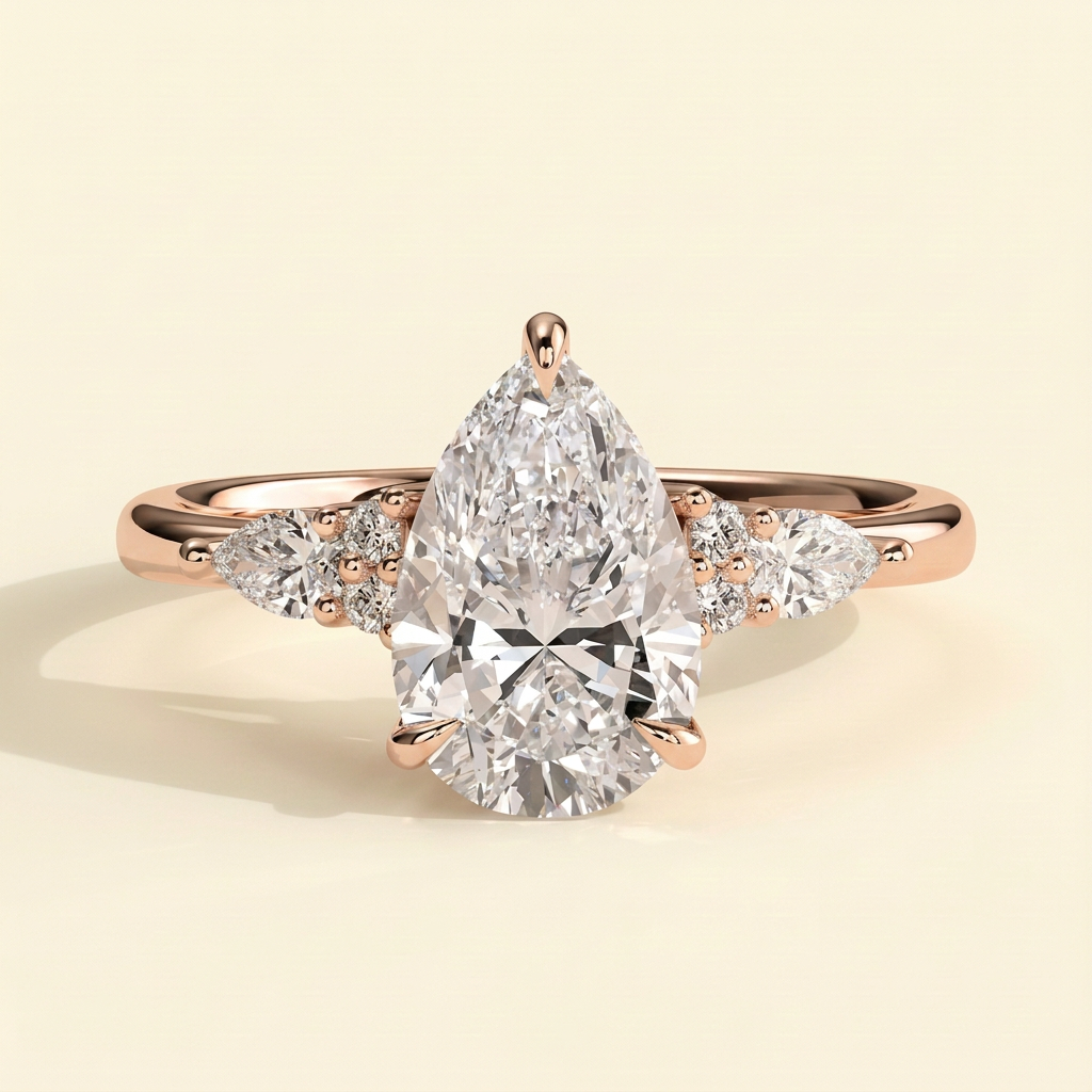 The Ilona - Pear Cut Lab Grown Diamond Three Claw Tulip Gallery Solitaire with Pear and Round Shoulder Stones Engagement Ring