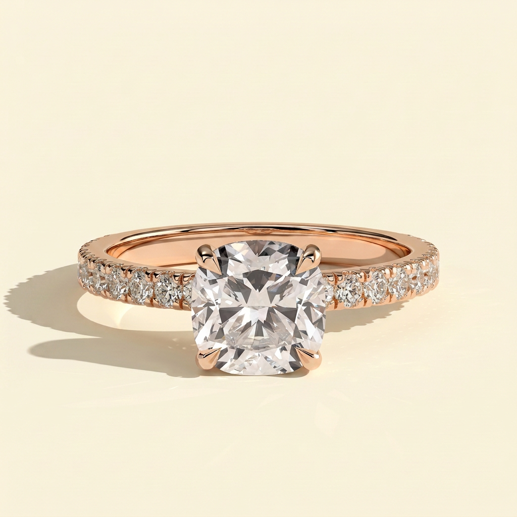 The Atria - Square Cushion Lab Diamond Solitaire with Hidden Halo and Pave Band Engagement Ring