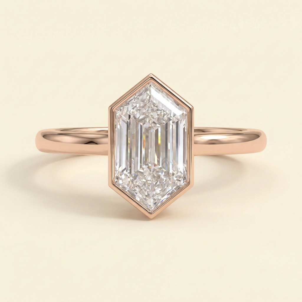 The Reina - Elongated Hexagon Cut Lab Grown Diamond Solitaire Ring with Bezel Hidden Halo