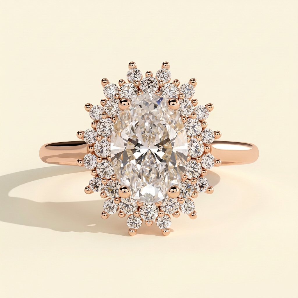 The Lucida - Oval Cut Lab Grown Diamond Double Sunburst Halo Engagement Ring with Cathedral High Setting