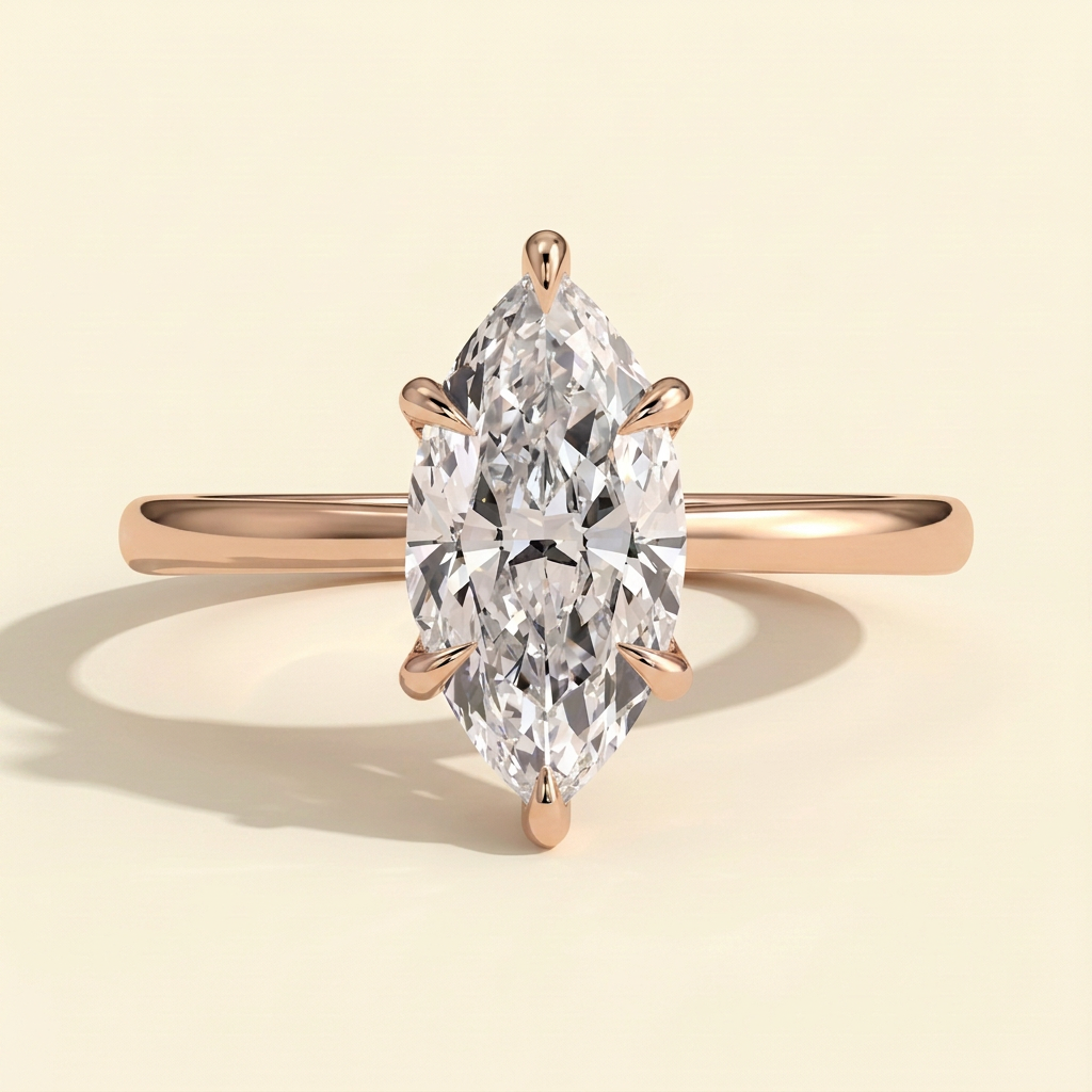 The Mira - Marquise Cut Lab Grown Diamond Six Claw Solitaire with Hidden Halo, Cathedral Setting Engagement Ring