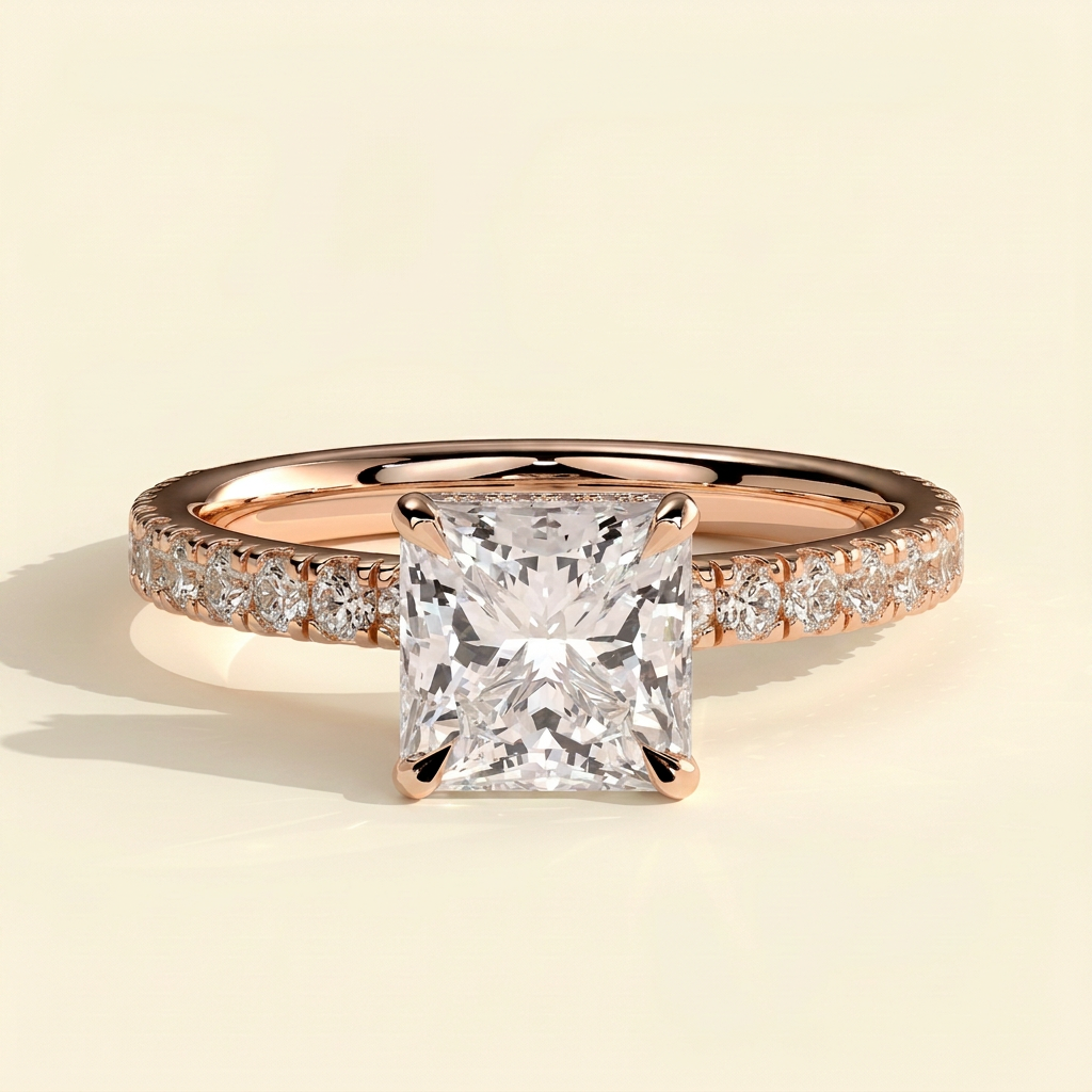 The Estelle - Princess Cut Lab Grown Diamond Solitaire with Wrap Around Hidden Halo Engagement Ring