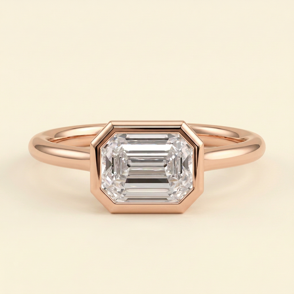 The Zaia - Emerald Cut Lab Grown Diamond East West Bezel Set Solitaire with Open Cathedral Setting Engagement Ring