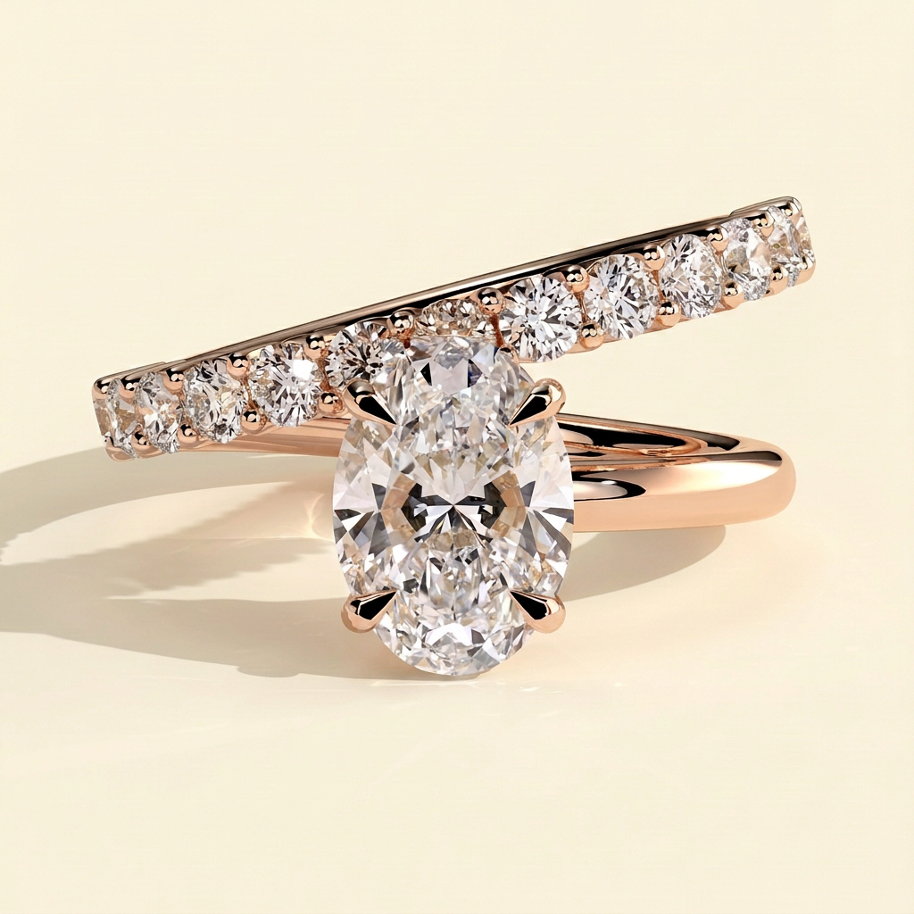 The Veora - Oval Cut Lab Grown Diamond Solitaire with Angled Pave Band and a Half Engagement Ring