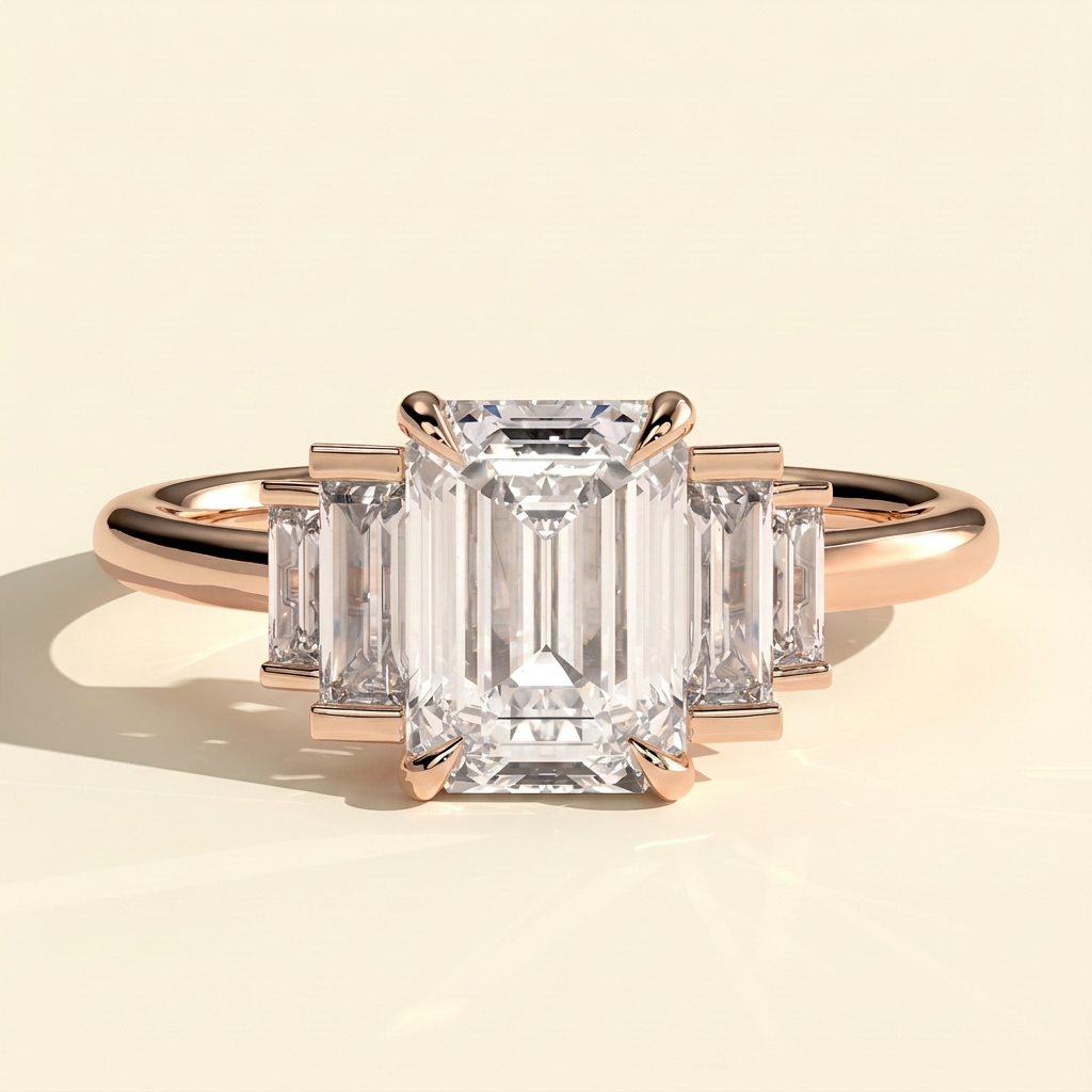 The Solene - Emerald Cut Lab Grown Diamond Solitaire with Graduating Baguette Shoulder Stones Engagement Ring
