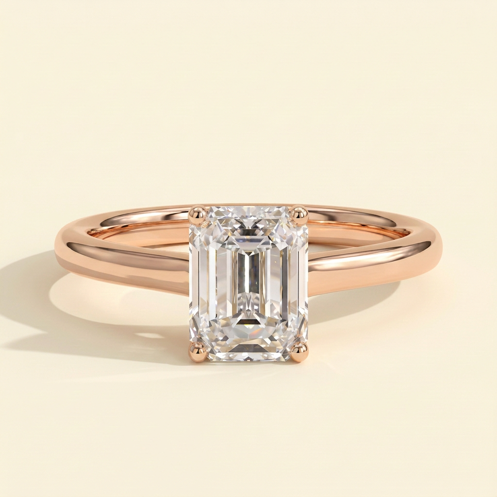 The Delia - Emerald Cut Lab Grown Diamond Four Claw Solitaire with Spiral Gallery Engagement Ring