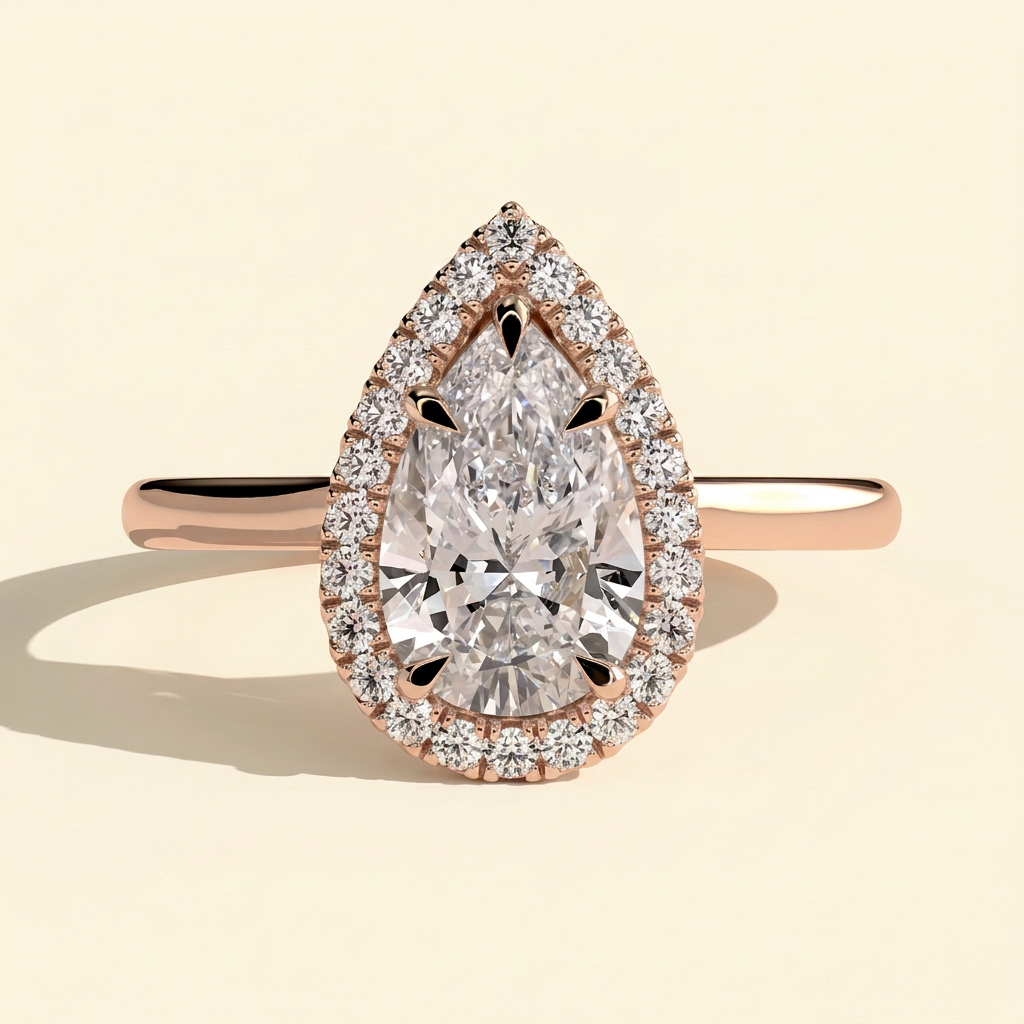 The Eleria - Pear Cut Lab Grown Diamond Five Claw Halo Engagement Ring with Cathedral High Setting