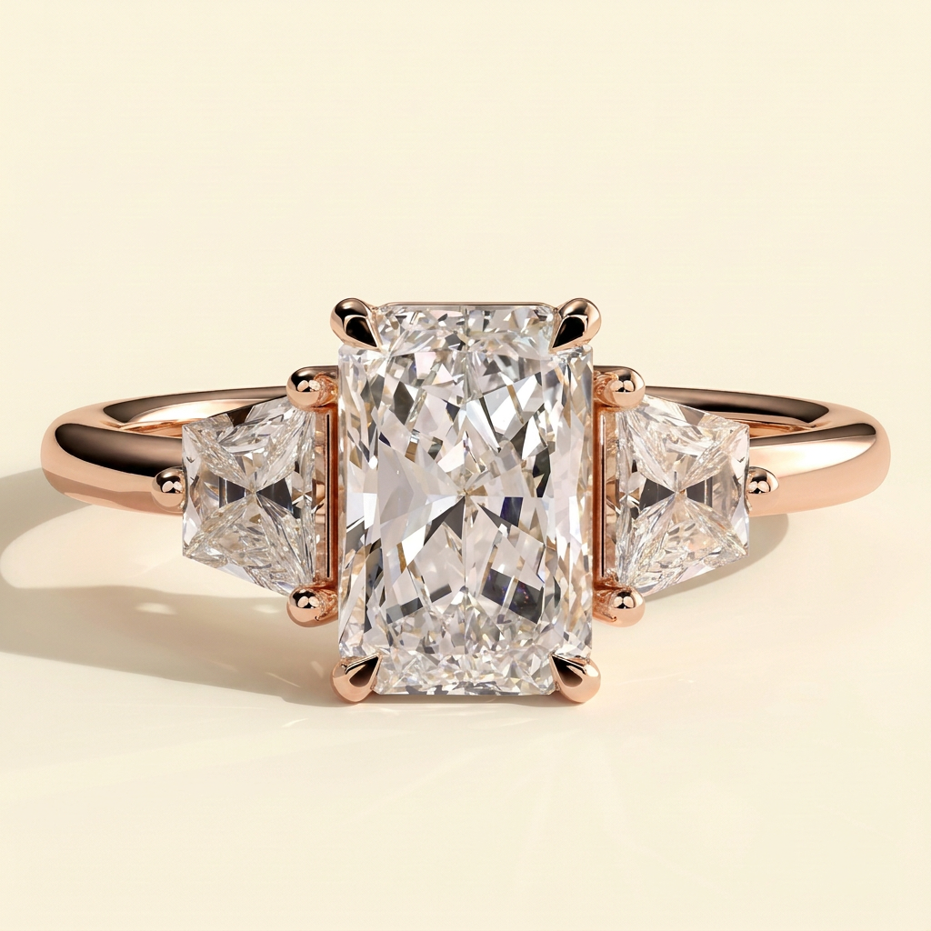 The Celene - Radiant Cut Lab Grown Diamond Trilogy with Trapezoid Side Stones in Low Setting Engagement Ring