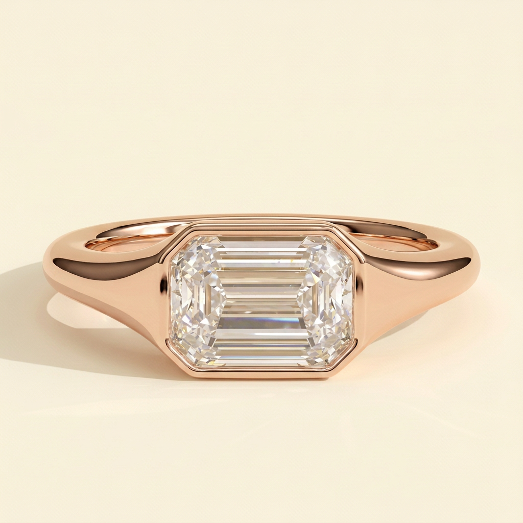 The Joia - Emerald Cut Lab Grown Diamond East West Bezel Set Solitaire with Signet Band Engagement Ring