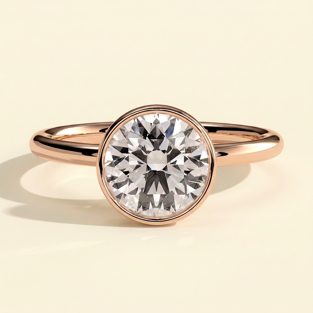 The Nayla - Round Cut Lab Grown Diamond Bezel Set Solitaire with Petal Gallery Engagement Ring
