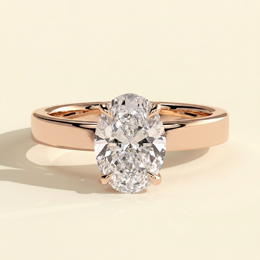 The Novia - Oval Cut Lab Grown Diamond Hidden Halo Solitaire with Flat Cigar Band Engagement Ring