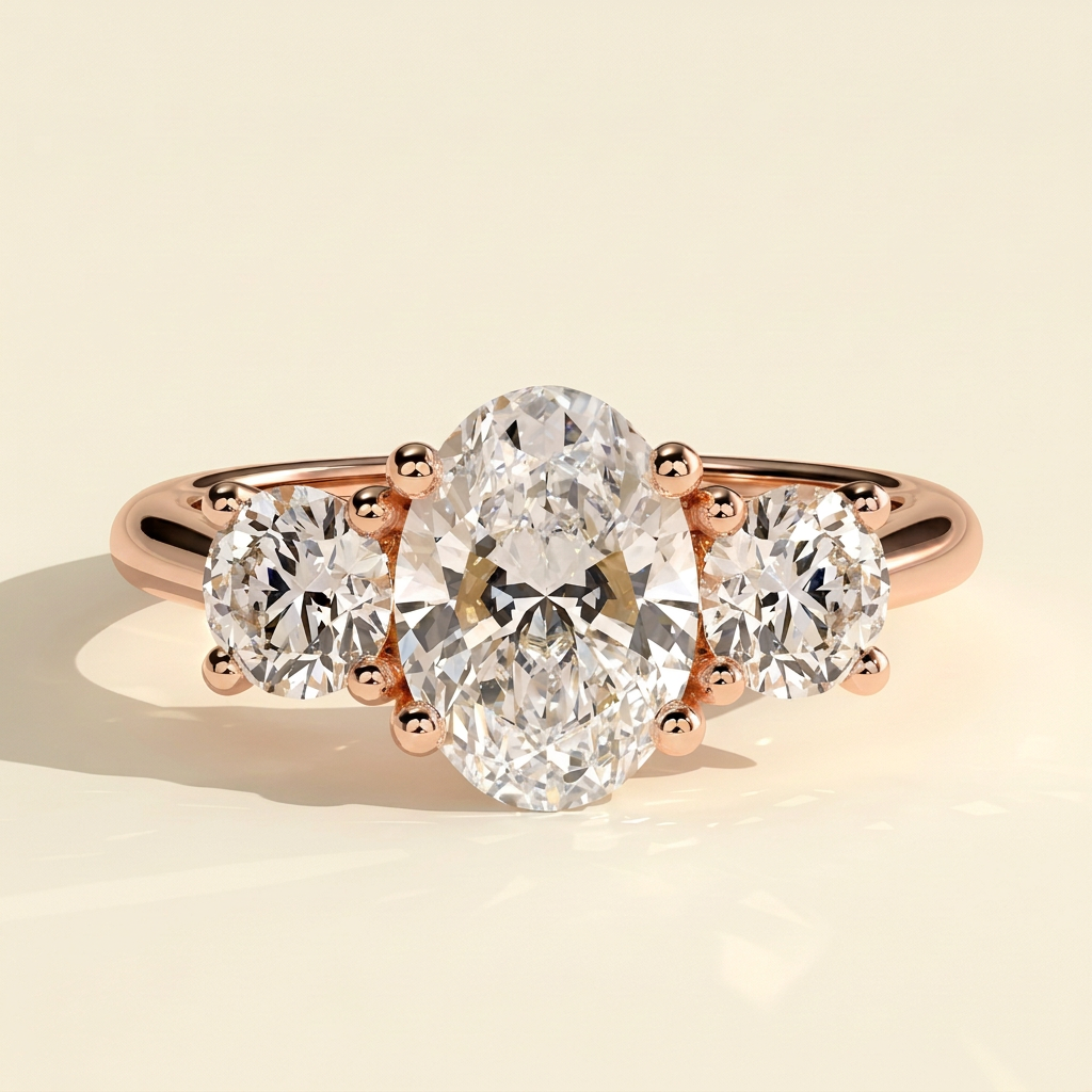 The Gemma - Oval Cut Lab Grown Diamond Three Stone Engagement Ring with Round Side Stones