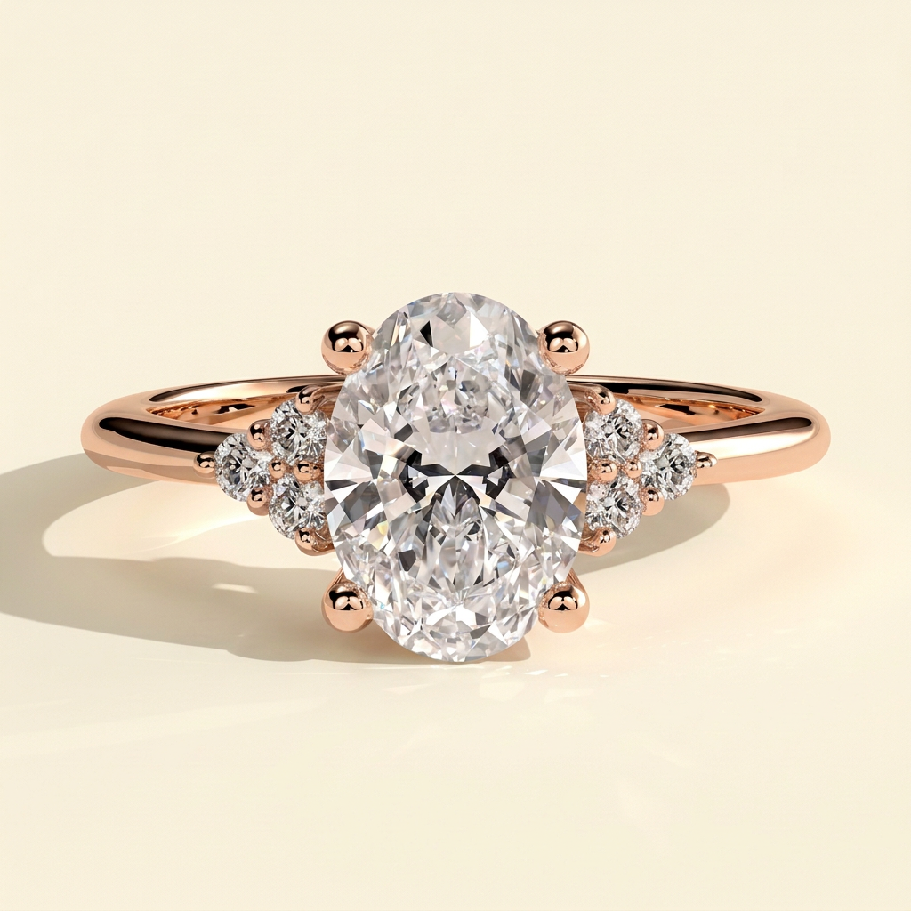 The Lumiere - Oval Cut Lab Grown Diamond Solitaire with Clustered Round Shoulder Stones Engagement Ring