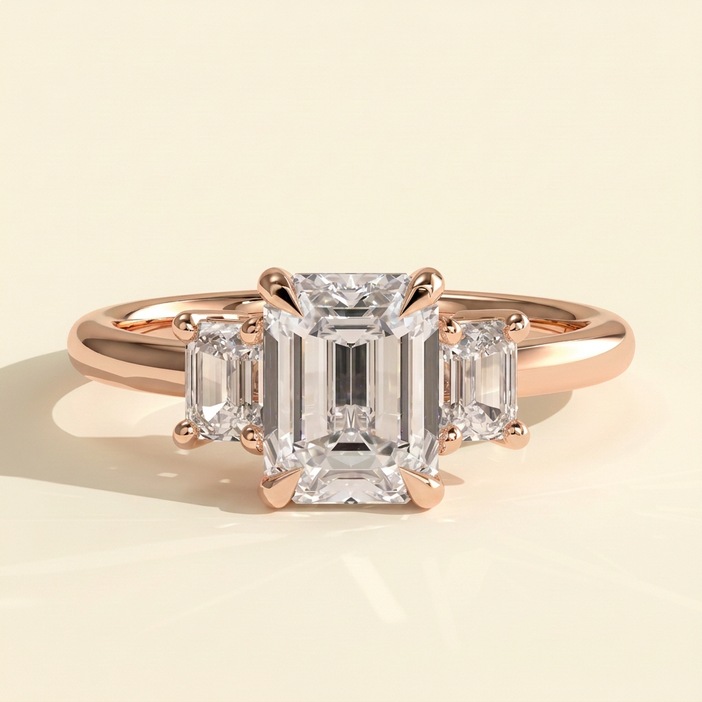 The Miriana - Emerald Cut Lab Grown Diamond Three Stone Engagement Ring with Matching Emerald Side Stones and Low Basket Setting