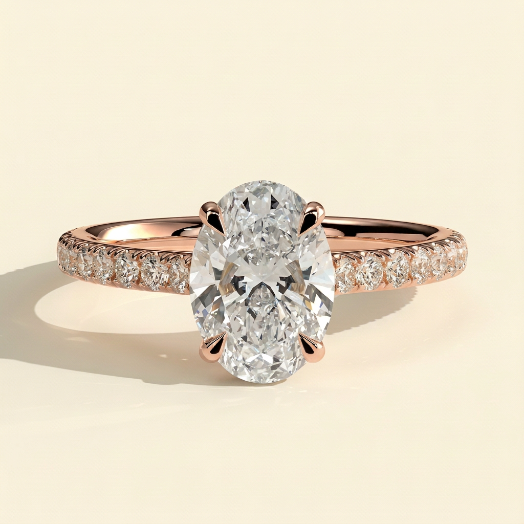 The Risela - Oval Cut Lab Grown Diamond Four Claw Solitaire with Hidden Halo and Cathedral Pave Band Engagement Ring
