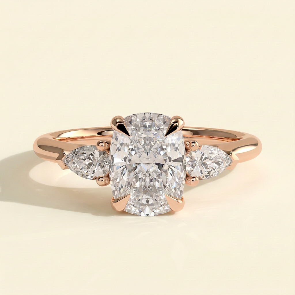 The Anella - Elongated Cushion Lab Grown Diamond Three Stone with Pear Side Stones Engagement Ring