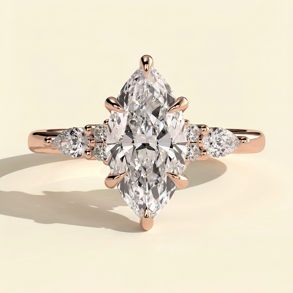 The Yara - Marquise Cut Lab Grown Diamond Six Claw Three Stone with Pear and Round Shoulder Stones Engagement Ring