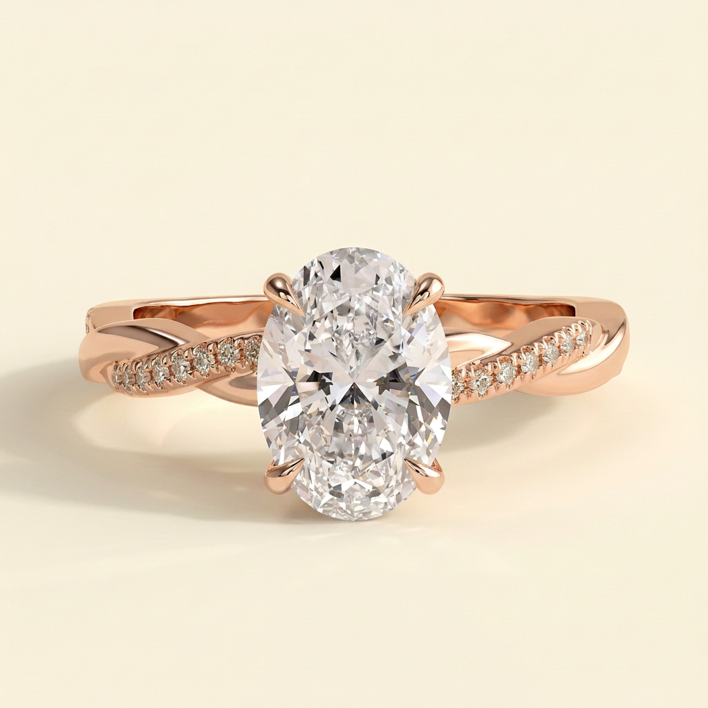 The Runa - Oval Cut Lab Grown Diamond Hidden Halo Solitaire with Braided Pave Band Engagement Ring