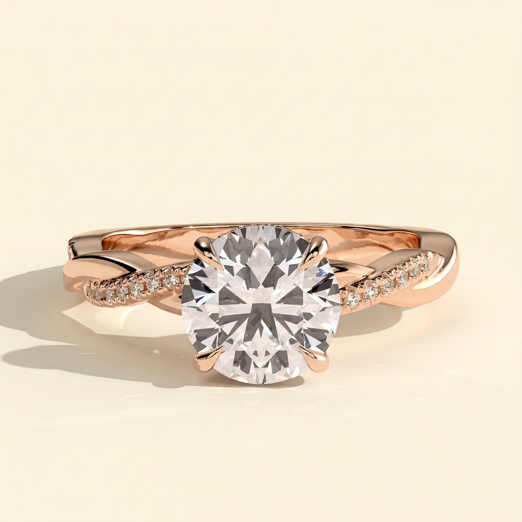 The Morea - Round Cut Lab Grown Diamond Hidden Halo Solitaire with Braided Pave Band Engagement Ring
