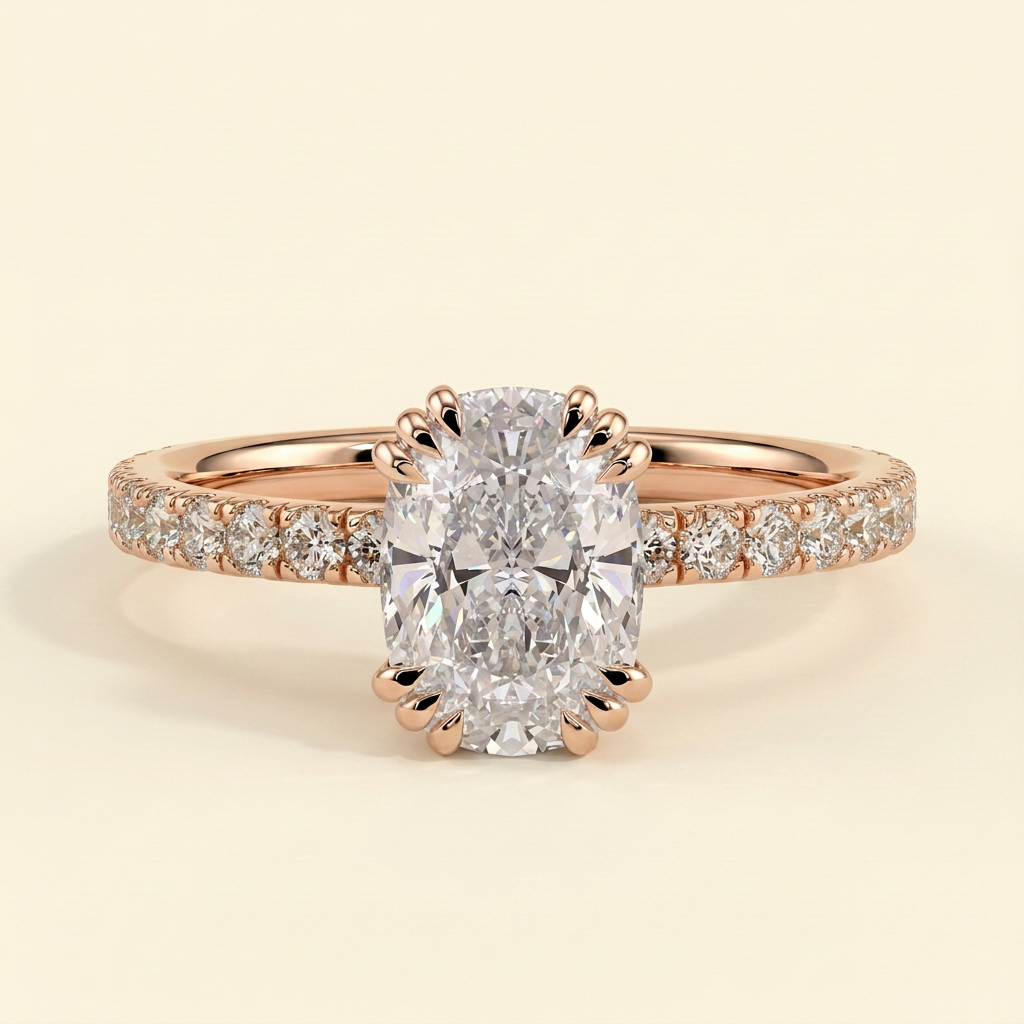 The Sera - Elongated Cushion Cut Lab Grown Diamond Triple Claw Solitaire with Pave Band Engagement Ring