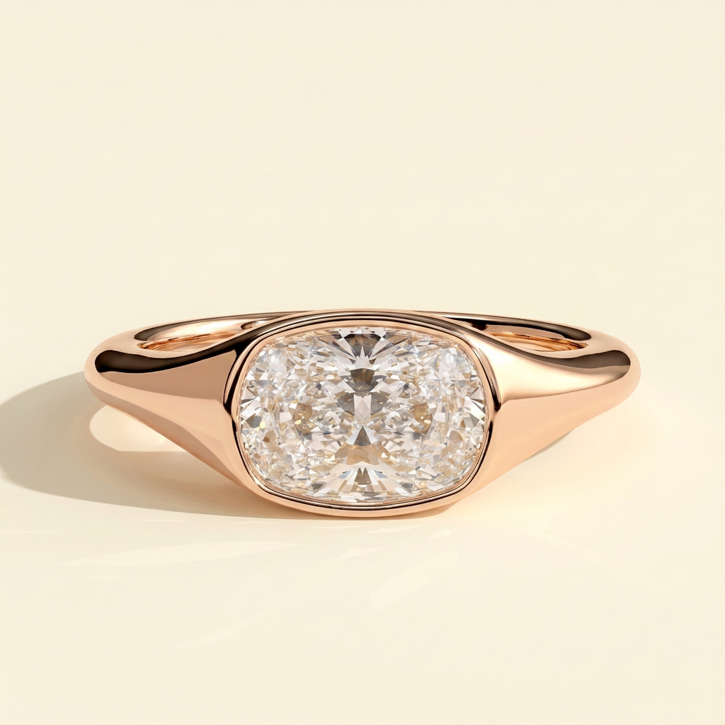The Xara - Elongated Cushion Cut Lab Grown Diamond East West Bezel Set Solitaire with Signet Band Engagement Ring