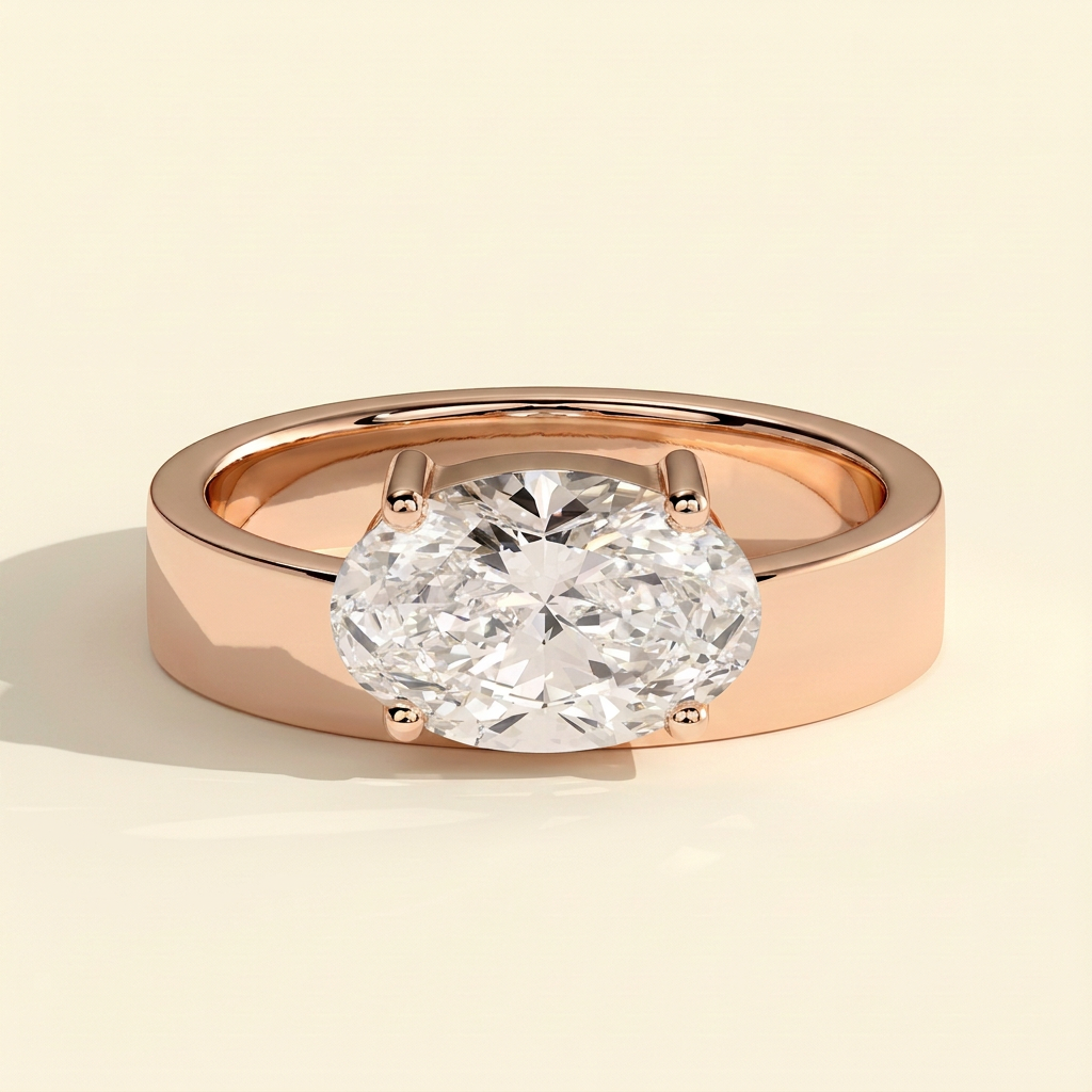 The Sella - Oval Cut Lab Grown Diamond East West Offset Solitaire with Flat Cigar Band Engagement Ring