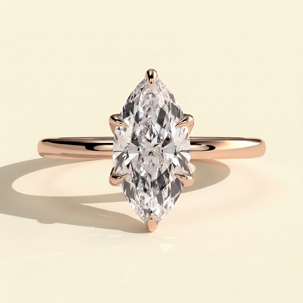 The Urelle - Marquise Cut Lab Grown Diamond Six Claw Solitaire with Petal Gallery and Accent Leaf Detail Engagement Ring